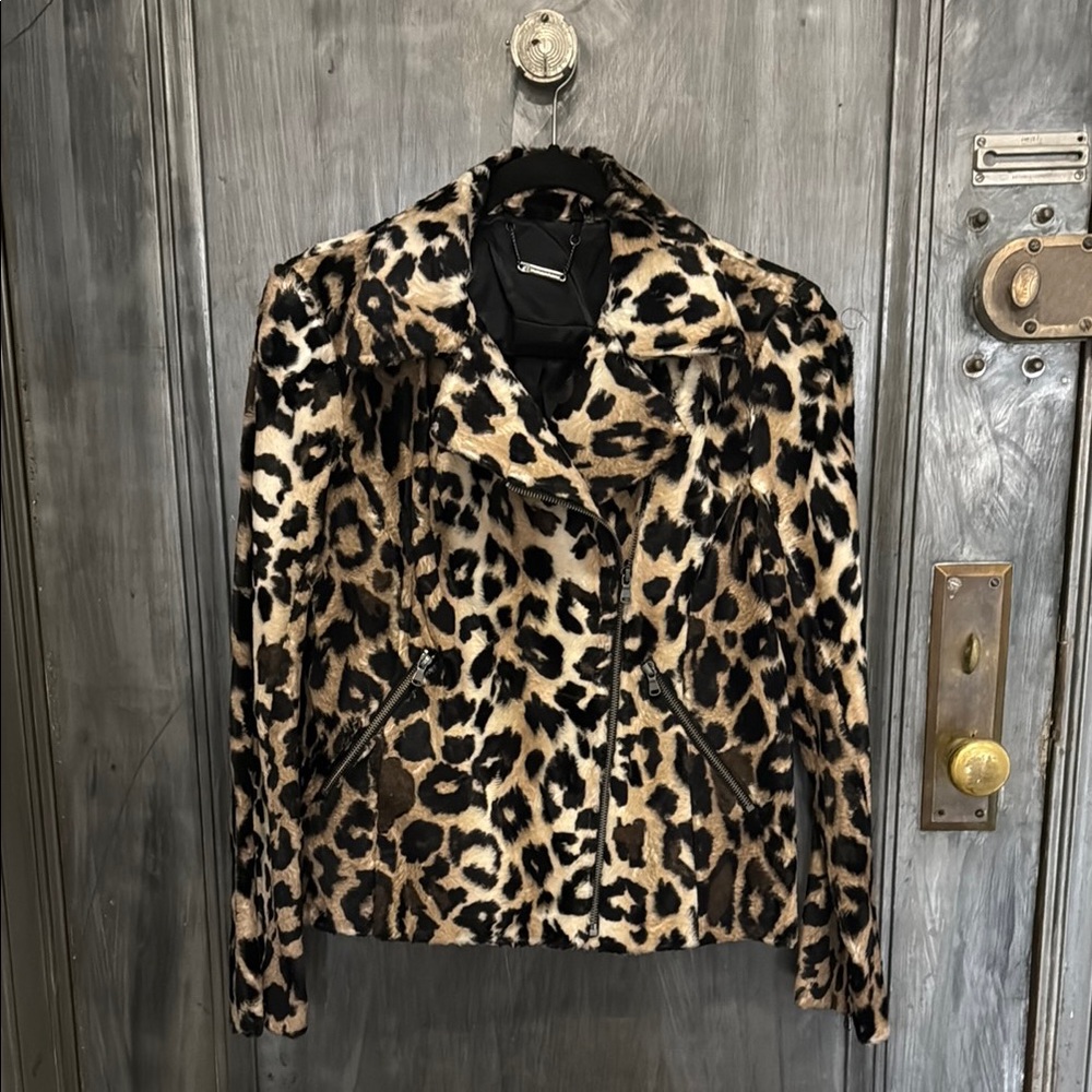 Trina Turk Black and Brown Faux Fur Jacket with Bold Leopard Print